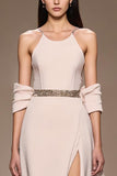 Ivory Satin A Line Halter Neck Long Formal Dress with Slit