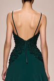 Dark Green A Line Satin Ruched  Appliqued Long Formal Dress
