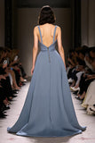Grey Blue A Line Ruched V Neck Long Formal Dress with Slit