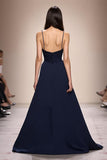 Dark Blue A Line Ruched Spaghetti Straps Long Formal Dress