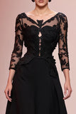 Black A Line Appliqued Long Formal Dress with Sleeves