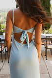 Sky Blue Sheath Spaghetti Straps Satin Long Evening Dress