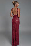 Dark Red Lace Square Neck Sheath Evening Dress