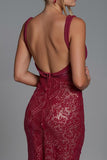Dark Red Lace Square Neck Sheath Evening Dress