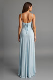 Sky Blue Spaghetti Straps Satin Sheath Evening Dress