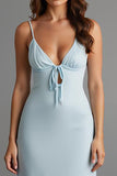 Sky Blue Spaghetti Straps Satin Sheath Evening Dress