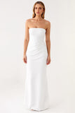 Strapless Ivory Satin Ruched Simple Evening Dress