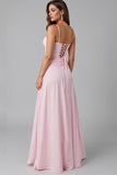 Simple Light Pink A Line Spaghetti Straps Long Evening Dress