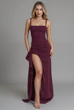 Dark Red Spaghetti Straps Sheath Satin Evening Dress with Slit