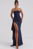 Simple Strapless Sheath Dark Blue Evening Dress with Slit