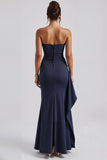 Simple Strapless Sheath Dark Blue Evening Dress with Slit