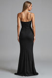 Spaghetti Straps Black Strecth Satin Mermaid Ruched Evening Dress
