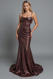 Coffee Satin Ruched Mermaid Spaghetti Straps Long Evening Dress