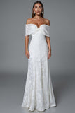 Ivory Mermaid Off The Shoulder Lace Maxi Boho Formal Dress
