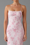 Light Pink Spaghetti Straps Sheath Floral Long Formal Dress with Slit