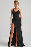 Black Sheath Spaghetti Straps Maxi Long Formal Dress with Slit