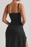 Black Sheath Spaghetti Straps Maxi Long Formal Dress with Slit