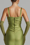 Mermaid Sage Green Satin Maxi Formal Dress with Sleeves