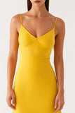Sheath Yellow Satin Spaghetti Straps Evening Dress