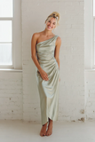 Dusty Sage Sheath Satin One Shoulder Ruched Long Bridesmaid Dress