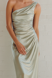 Dusty Sage Sheath Satin One Shoulder Ruched Long Bridesmaid Dress