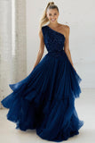 Sparkly Navy One Shoulder Sequins A Line Long Wedding Guest Dress with Ruffles