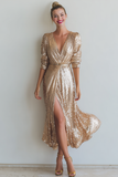 Sparkly Champagne Sheath Sequins V-Neck Long Formal Dress with Sleeves