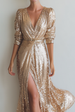 Champagne Sheath Sequin Half Sleeve Midi Cocktail Dress