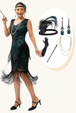 Sparkly Black Green Sequins Fringed 920s Dress with 5-Piece Accessories Set