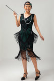 Sparkly Black Green Sequins Fringed 920s Dress with 5-Piece Accessories Set