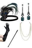 Sparkly Black Green Sequins Fringed 920s Dress with 5-Piece Accessories Set
