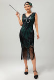 Sparkly Black Green Sequins Fringed 920s Dress with 5-Piece Accessories Set