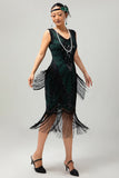 Sparkly Black Green Sequins Fringed 920s Dress with 5-Piece Accessories Set