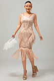 Sparkly Champagne Fringed Sequins 1920s Dress with 5-Piece Accessory Set