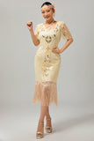 Sparkly Apricot Fringed Sequins Gatsby Midi 1920s Dress with Sleeves