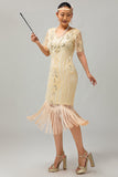 Sparkly Apricot Fringed Sequins Gatsby Midi 1920s Dress with Sleeves