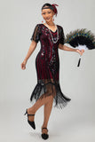 Sparkly Burgundy Gatsby Tight Fringed Midi 1920s Dress with Accessories Set