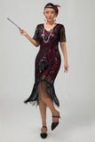 Sparkly Burgundy Gatsby Tight Fringed Midi 1920s Dress with Accessories Set