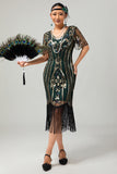 Sparkly Apricot Fringed Sequins Gatsby Midi 1920s Dress with Sleeves