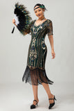Sparkly Apricot Fringed Sequins Gatsby Midi 1920s Dress with Sleeves