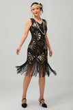Sparkly Black Golden Fringed Sequins Gatsby Midi 1920s Dress