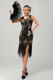 Sparkly Black Golden Fringed Sequins Gatsby Midi 1920s Dress