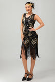Sparkly Black Golden Fringed Sequins Gatsby Midi 1920s Dress