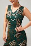 Sparkly Green Golden Beaded Fringed 1920s Dress with 4-Piece Accessories Set