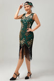 Sparkly Green Golden Beaded Fringed 1920s Dress with 4-Piece Accessories Set