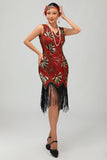 Sparkly Fringed Red Golden Sequins Midi 1920s Dress with 5 Piece Accessory Set