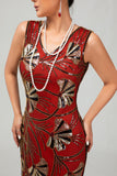 Sparkly Fringed Red Golden Sequins Midi 1920s Dress with 5 Piece Accessory Set