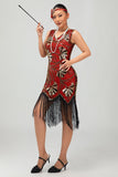 Sparkly Red Golden Bodycon Gatsby Midi 1920s Dress with Tassles