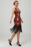 Sparkly Black Golden Fringed Sequins Gatsby Midi 1920s Dress