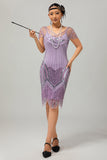Sparkly Purple Beaded V Neck Midi Gatsby 1920s Dress with Sequins
